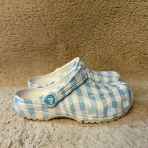 Crocs Clogs Sky Blue White Gingham Pattern Kids Girls Size C13 Waterproof